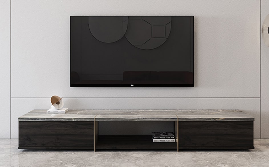 modern-wood-Tv-cabinet-and-Tv-hanging-on-wall.