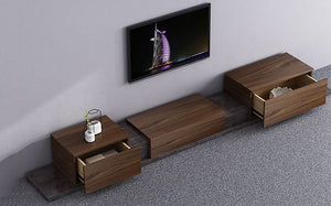 wood-and-marble-moderrn-Tv-cabinet-with-Tv on-the-wall