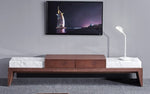 Load image into Gallery viewer, wooden-marble-contemporary-TV-table-wit-TV-hanging-on wall
