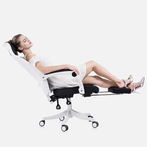 lying woman on ergonomic office chair 